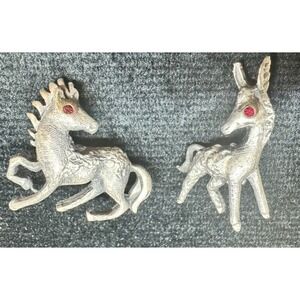 Vintage Pewter Horse Brooch Set Red Rhinestone Eyes Figural Pins